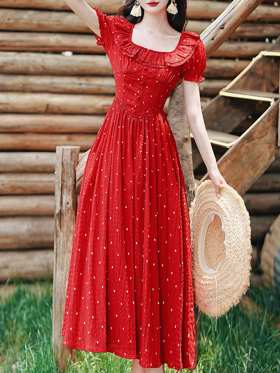 1950S Vintage Red Polka Dots Square Collar Swing Dress
