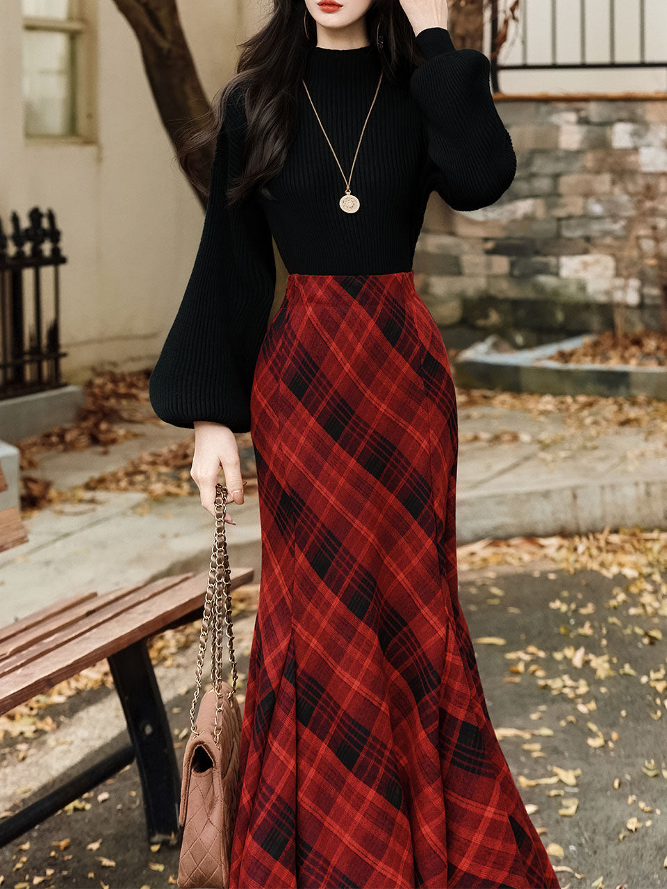 2PS Black Sweater And Red Plaid Fishtail Skirt 1950S Vintage Audrey Hepburn's Style Outfits