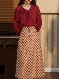 2PS Red Long Sleeve Blouse And Red  Polka Dots Swing Skirt Dresss Set