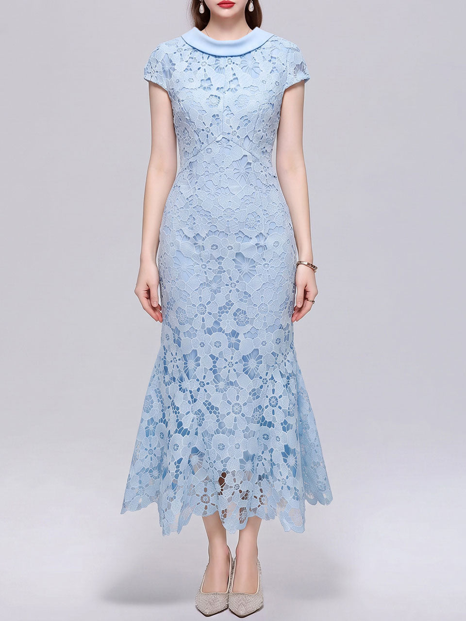 Cream Lace Mermaid Cowl Neck Midi Dress for Wedding