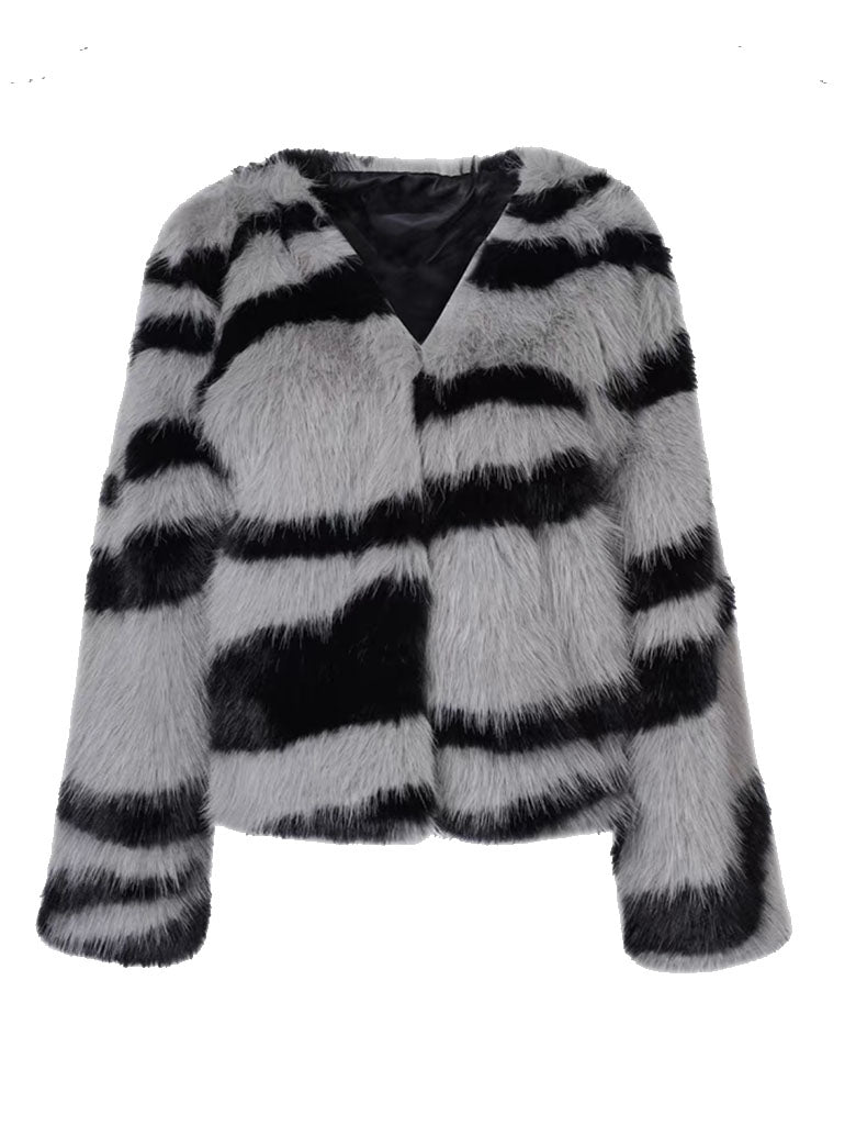 Black and White Zebra Stripes Faux Fur Long Sleeve Coat Winter Coat