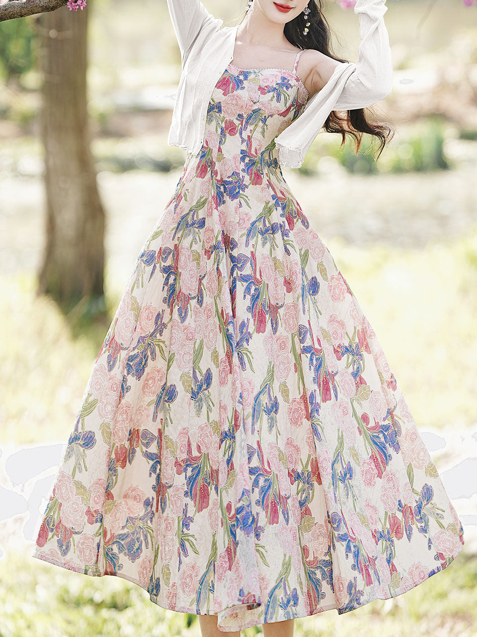 2PS White Floral Print Spaghetti Strap 1950S Vintage Dress