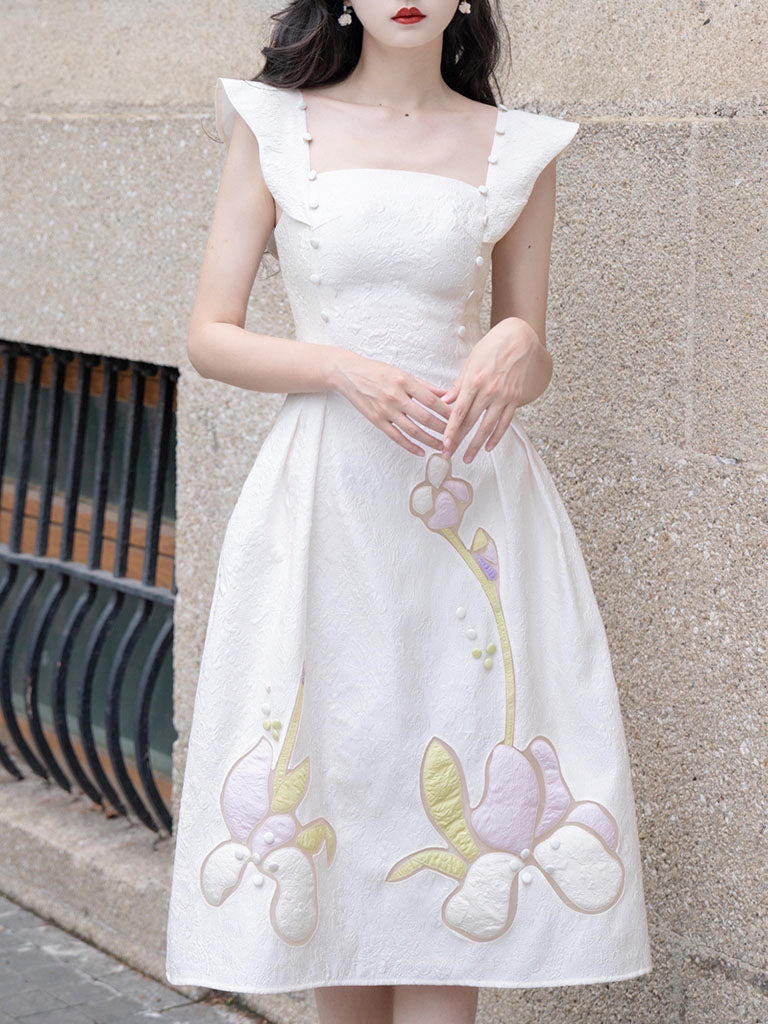 Apricot 3D Flower Butterfly Sleeve 1950S Party Vintage Dress