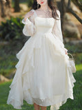 White Square Collar Long Sleeve Ruffles Vintage 1950S Dress
