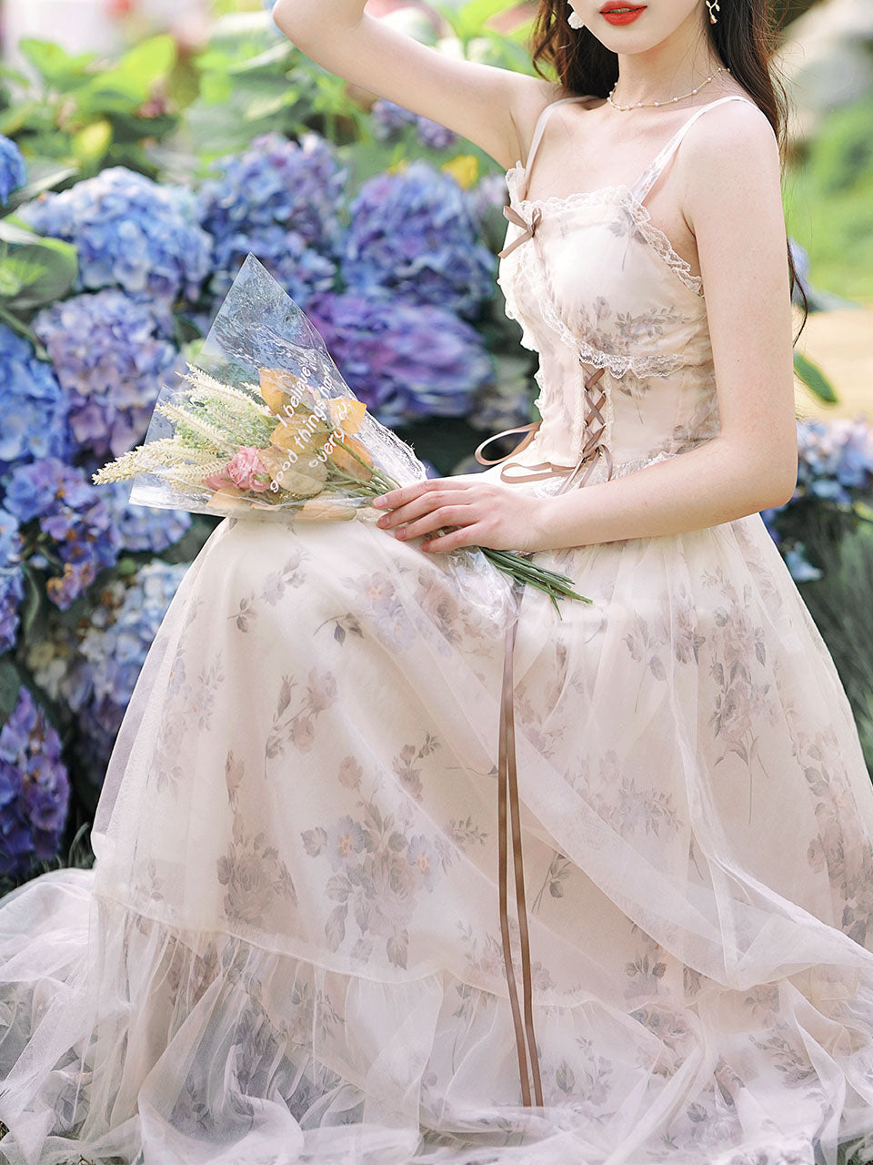 2PS Apricot Floral Print Ruffles Spaghetti Strap Princess Dress