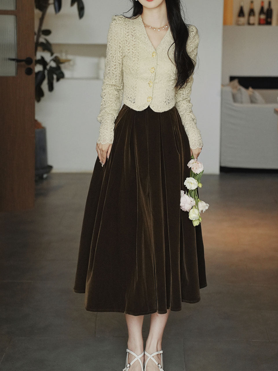 White Lace V Neck Top and Brown Velvet Swing Skirt Dress Set