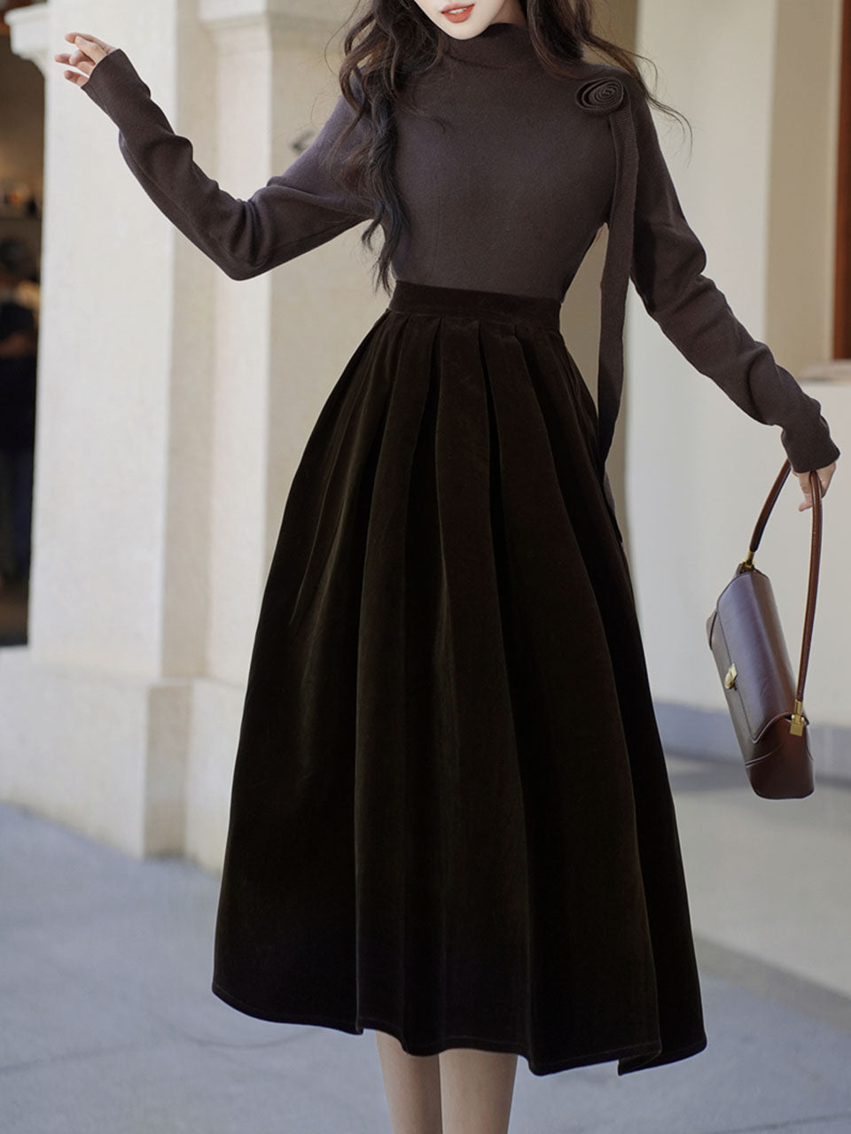 Brown Flower Turtleneck Sweater and Velvet Swing Skirt Dress Set