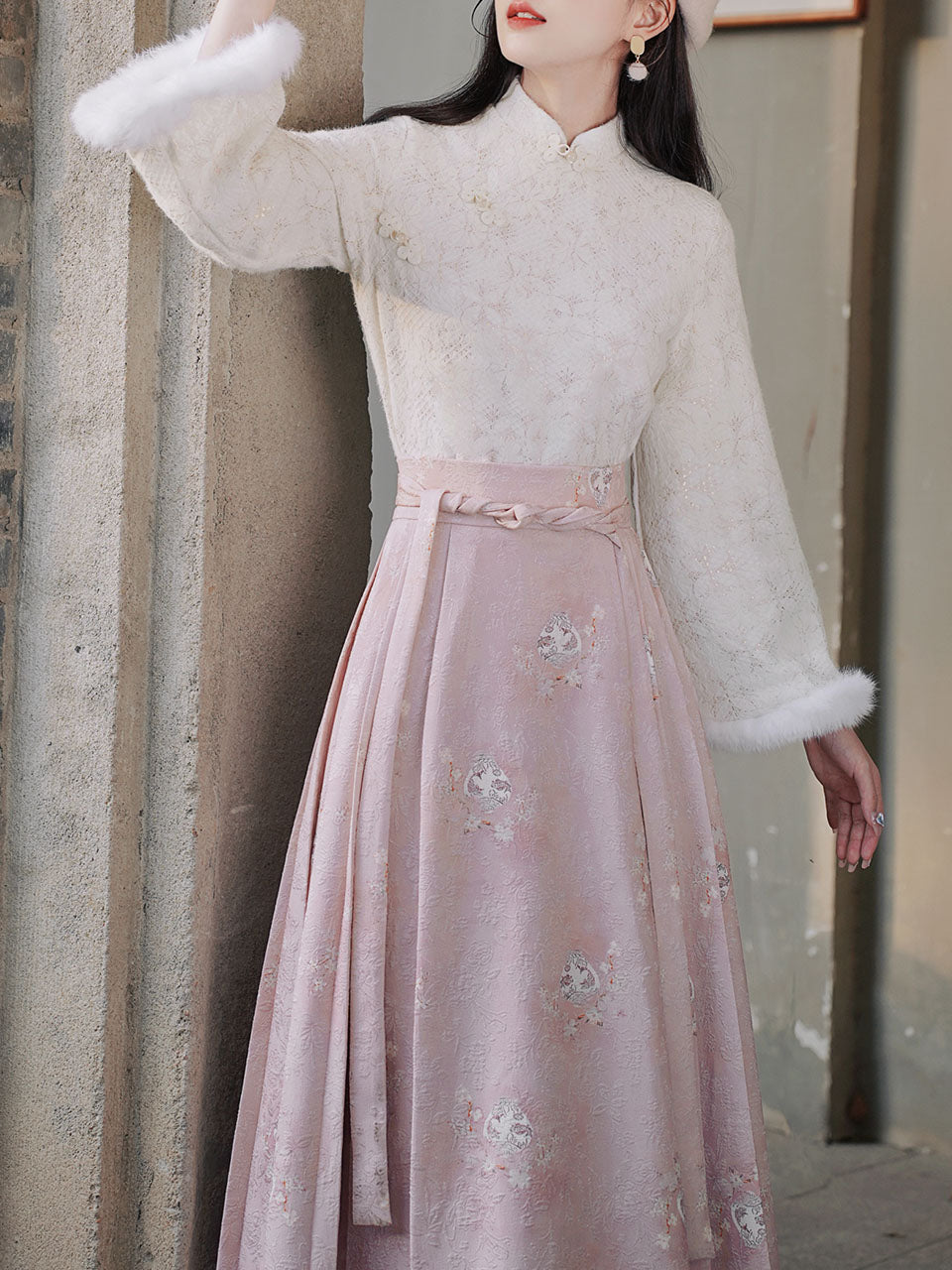 2PS Pink Stand Collar Bell Sleeve Embroidered Top and Horse-face Skirt Vintage Suits