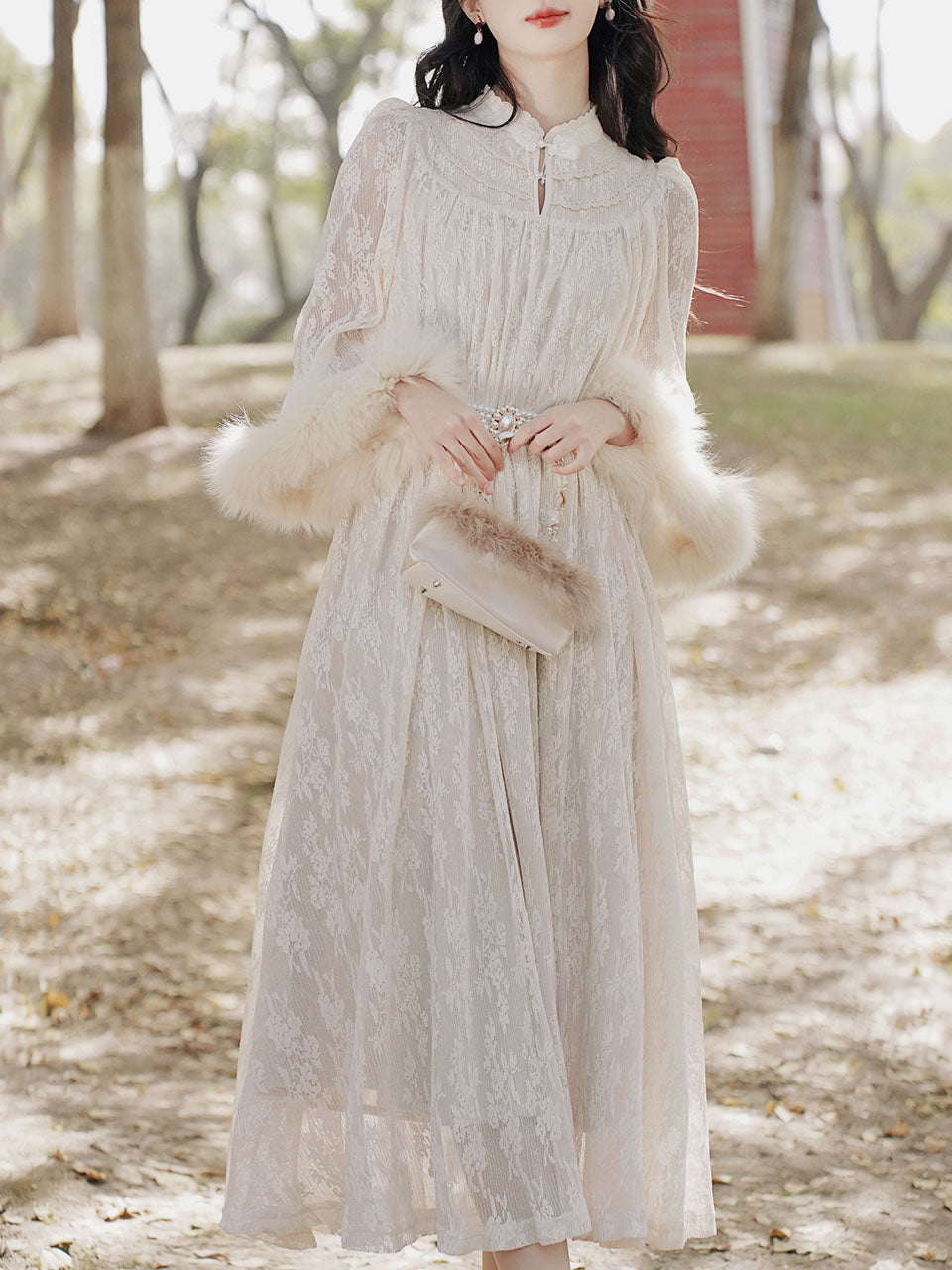 Apricot Lace Fur Sleeve 1950S Vintage Dress