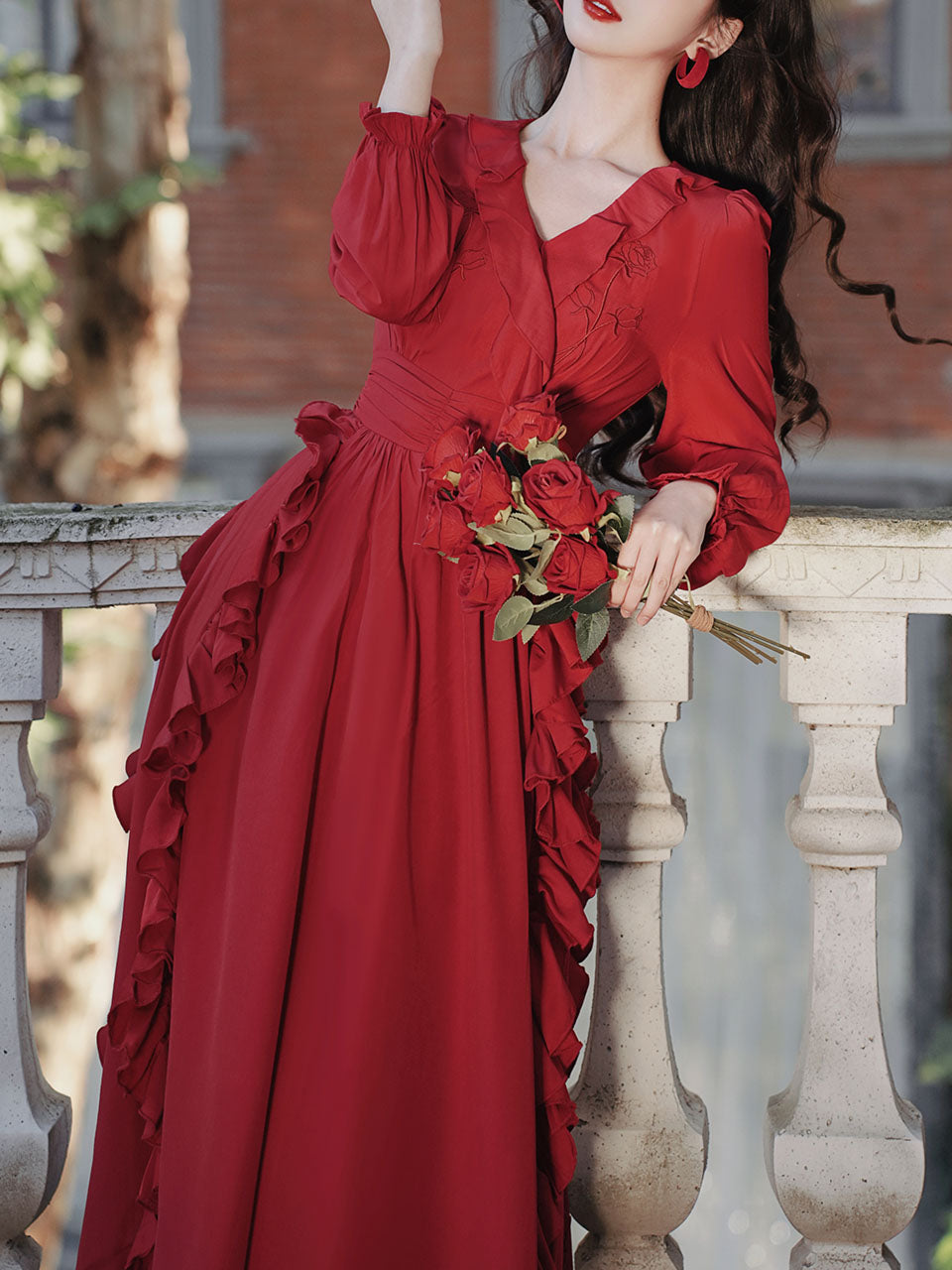 Red Rose V Neck Ruffles Long Sleeve Princess 1950S Vintage Dress