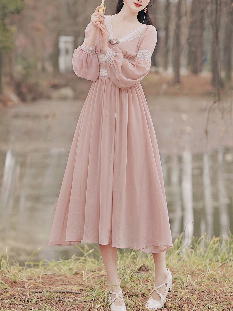 Pink Rose Girl Retro Lace V-neck Chiffon Long Lantern Sleeve Coquette Dress