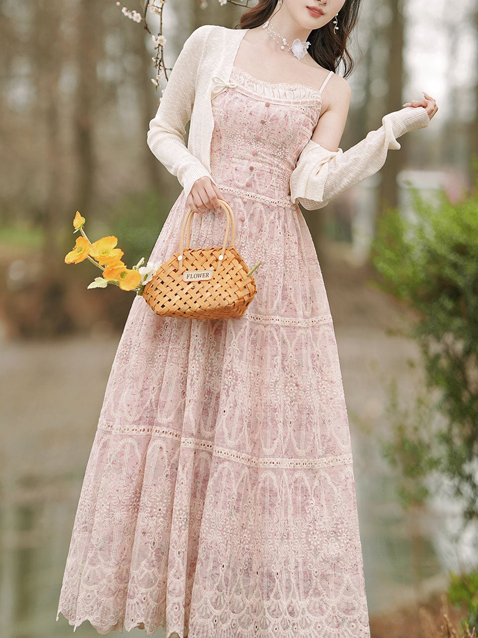 2PS Pink Embroidered lace Spaghetti Strap Dress