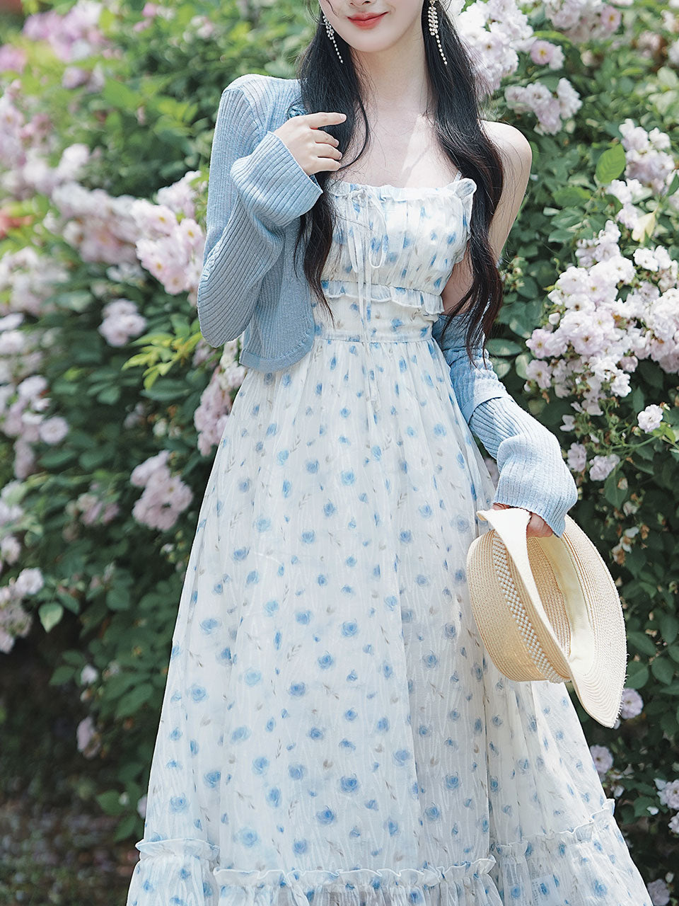 2PS Blue Floral Print Ruffles Spaghetti Strap Princess Dress