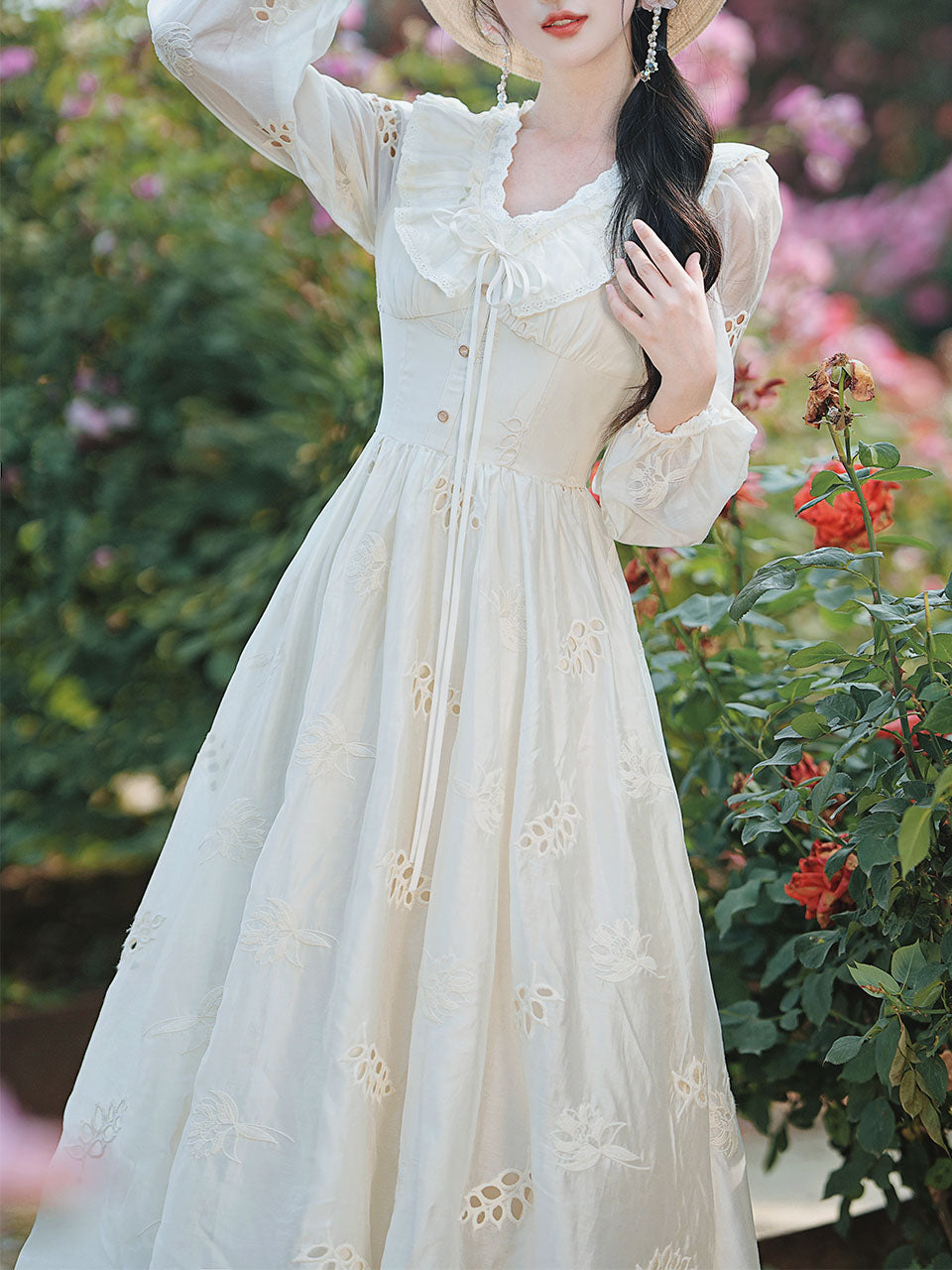 White V Neck Long Sleeved Embroidered Hollow Cotton Dress