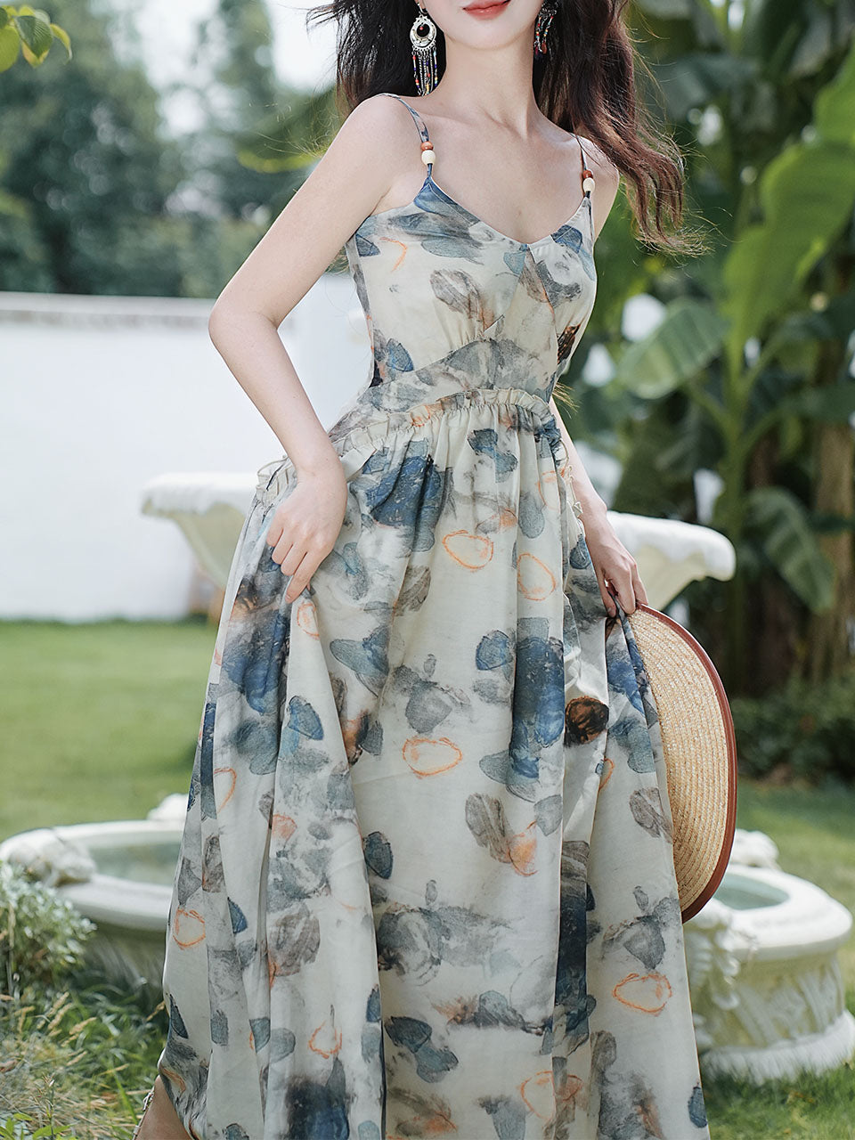 2PS Blue Floral Print Spaghetti Strap 1950S Vintage Dress