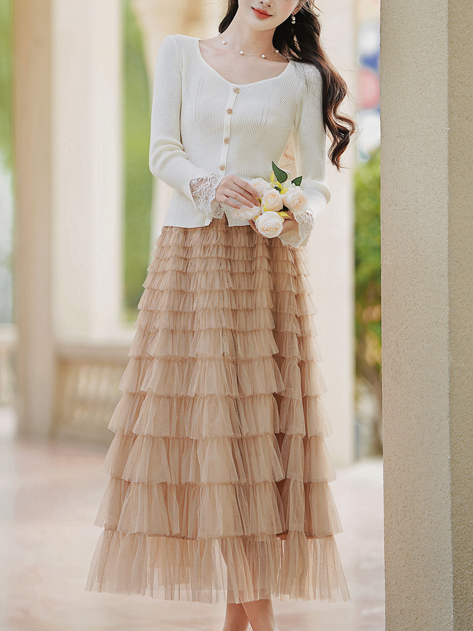 2PS White V Neck Knitted Sweater and Swing Mesh Fairy Skirt Dress Set