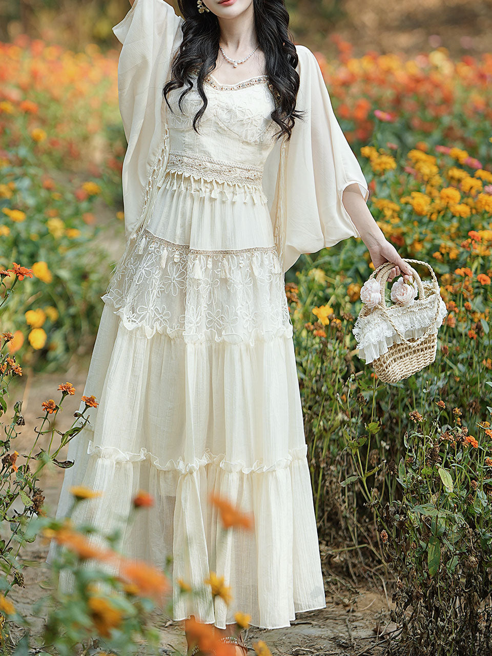 White Bohemian Rhapsody Retro Suspender Top Tassel Skirt 1970S Vintage Set
