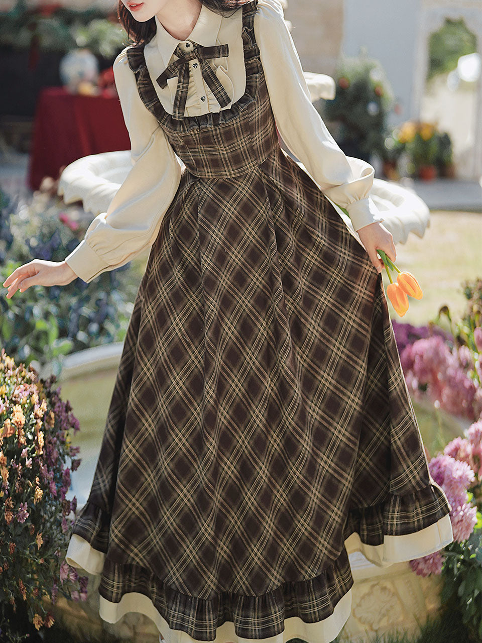 Brown Plaid Fake Two-Piece Long Sleeve Vintage Dress