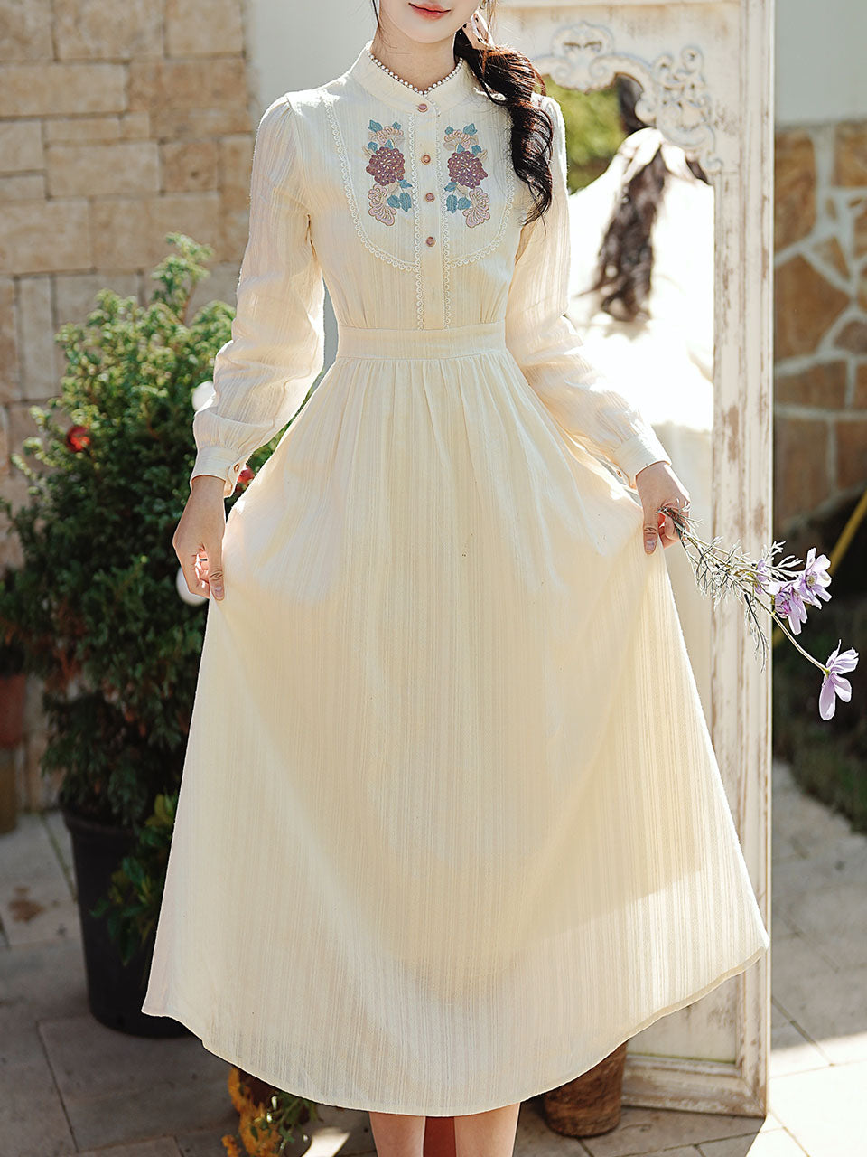 White Stand Collar Long Sleeved Embroidered Cotton Dress