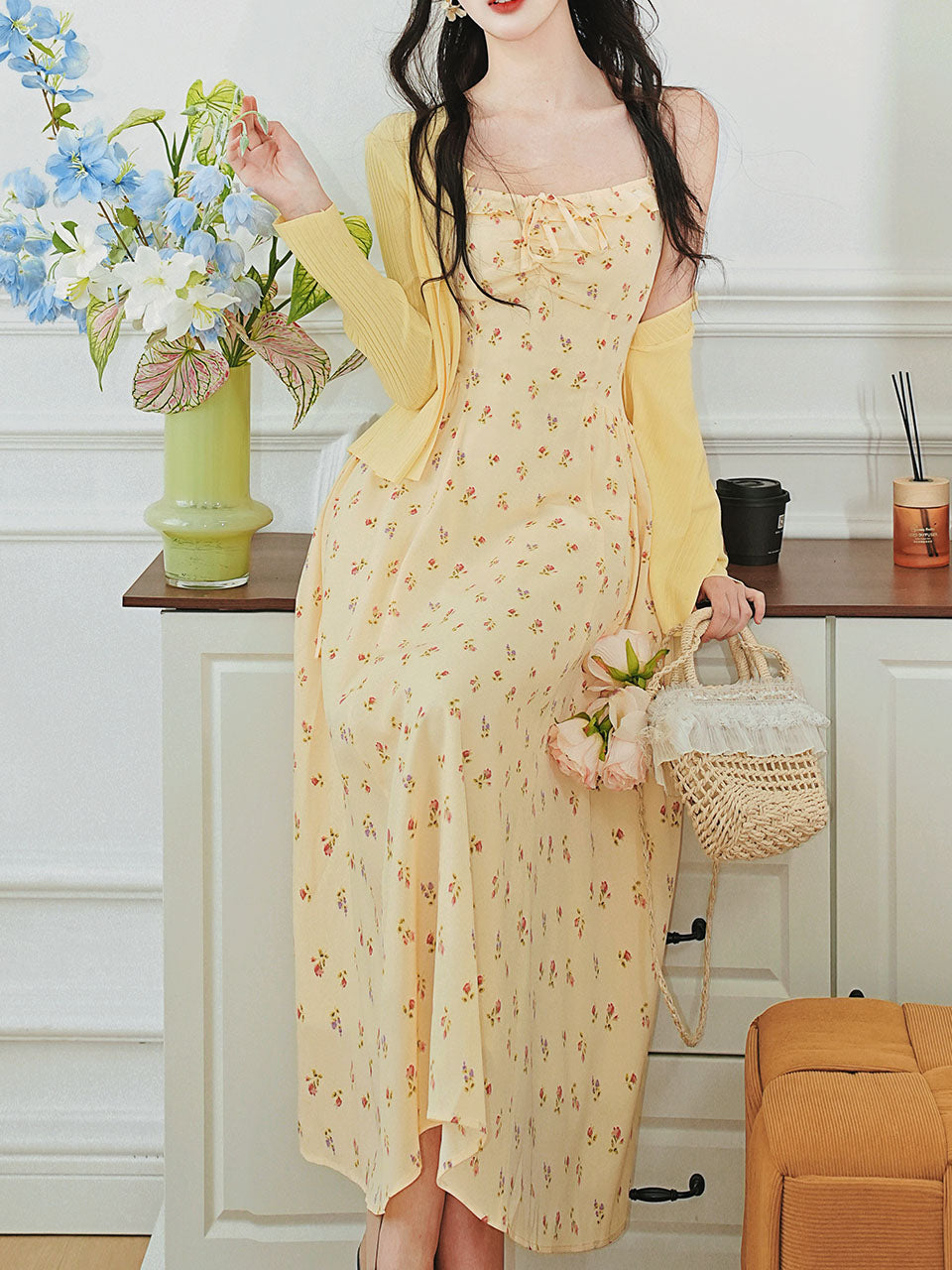 2PS Yellow Floral Spaghetti Strap 1950S Vintage Dress