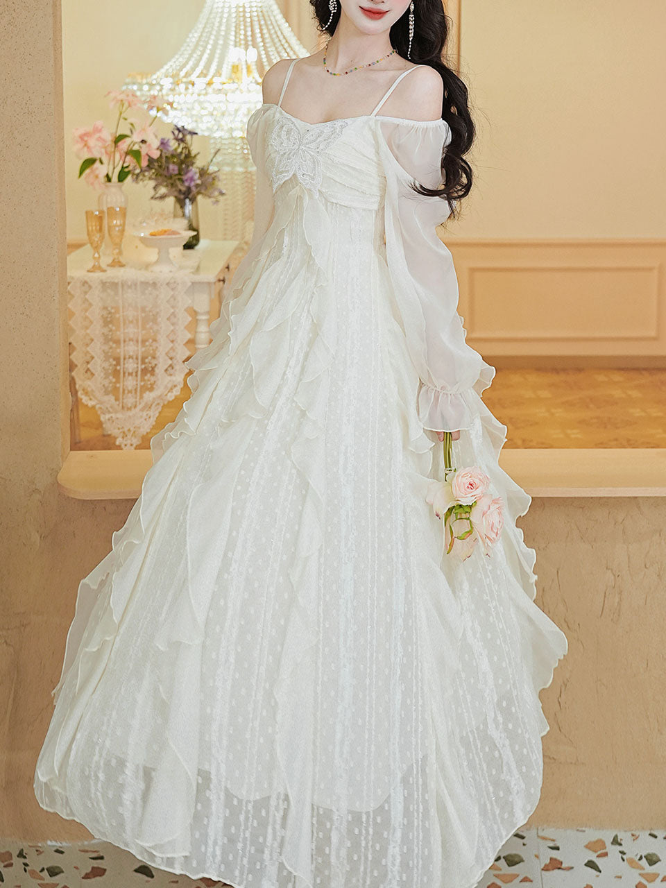 Vintage White Square Neck Butterfly Sequins  Lace Ruffle Long Sleeve Dress