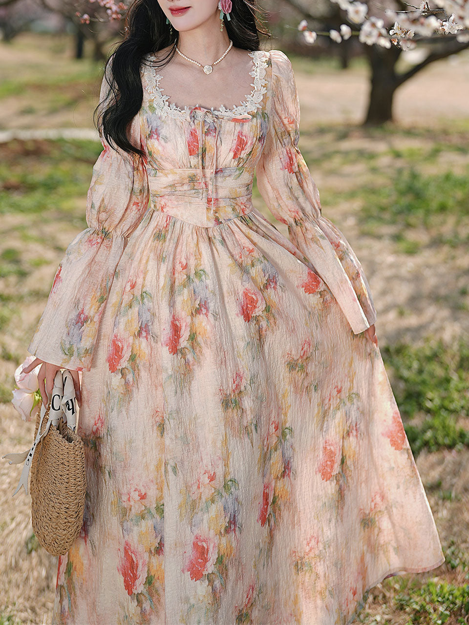 Pink Square Collar Floral Lace Ruffles Edwardian Revival Vintage Dress