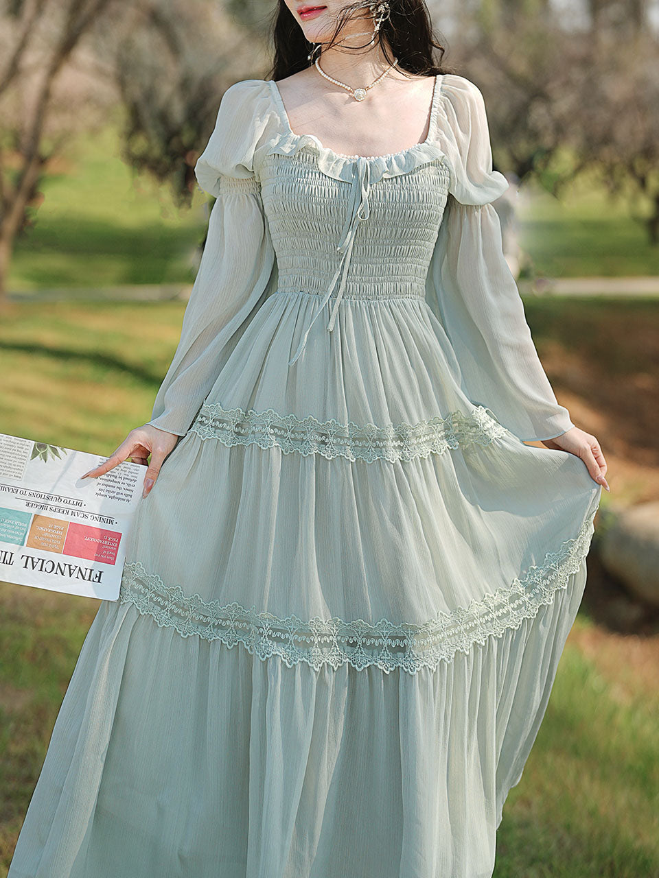 Green Square Collar Lace Ruffles Edwardian Revival Vintage Dress