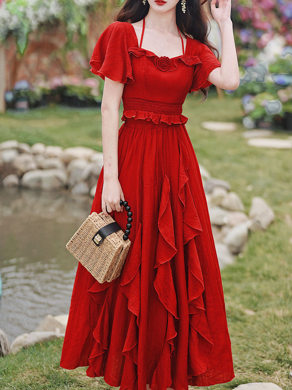 2PS Red Rose Ruffles Spaghetti Strap Top and High Waist Swing Dress Set