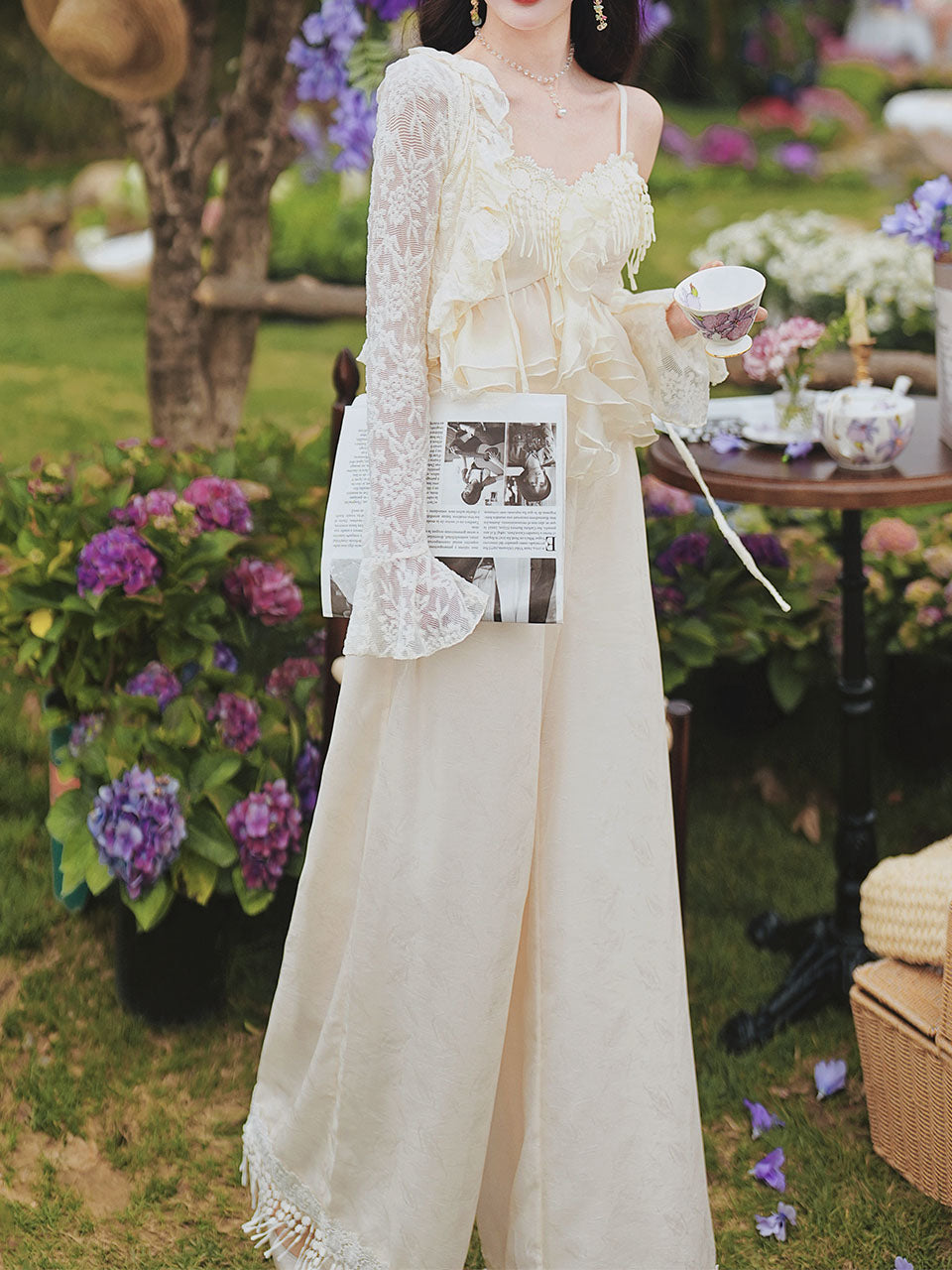 3 Piece Set White Ruffles Top and Wide Legged Pants 1950S Lace Cardigan Vintage Suit