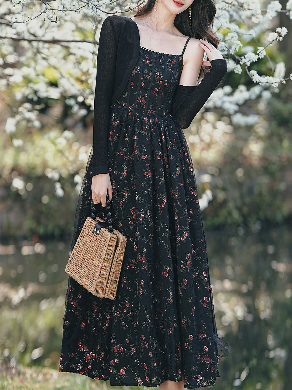 2PS Vintage Black Floral Chiffon Maxi Dress