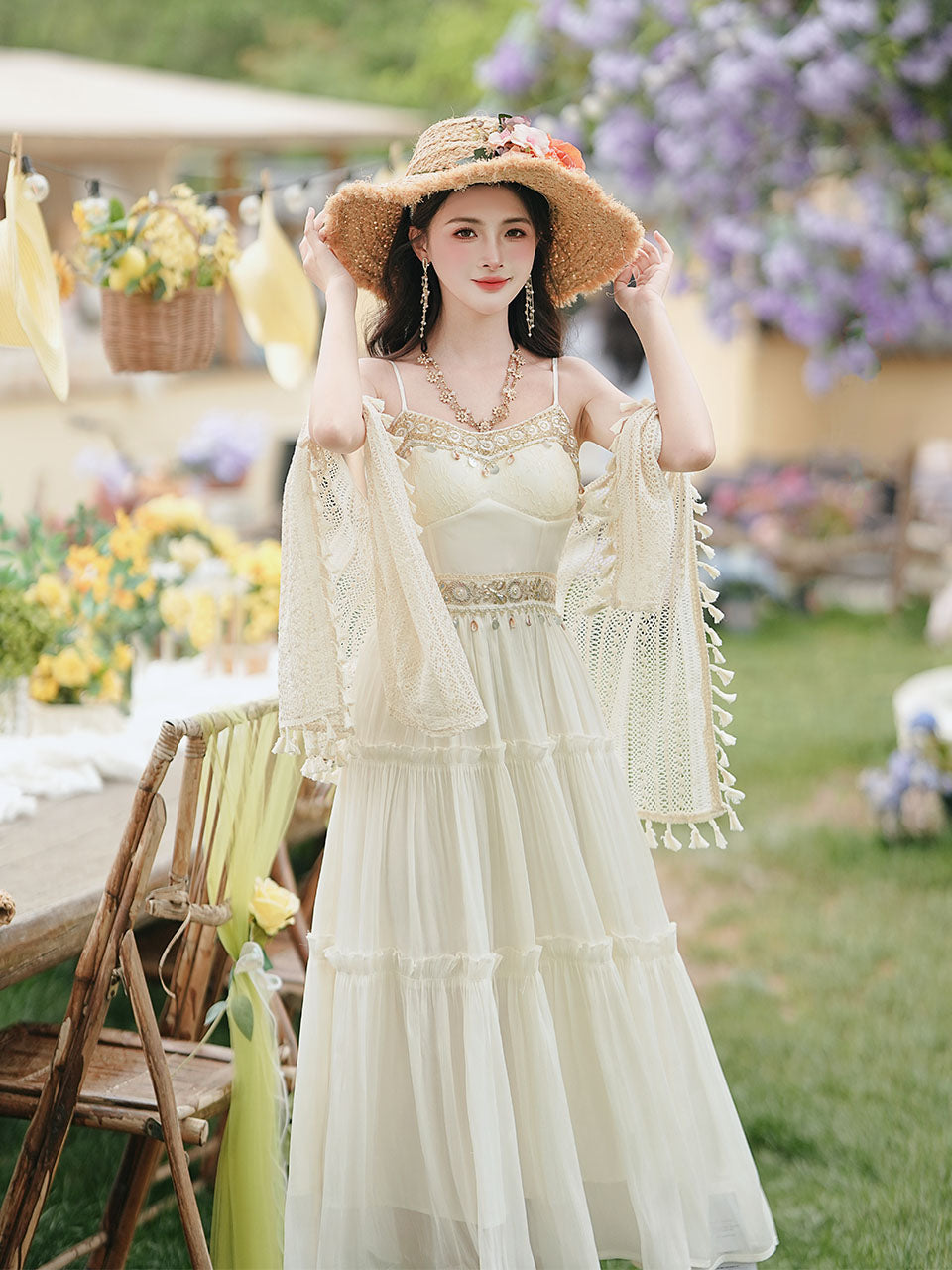 White Bohemian Embroidered Retro Maxi Dress 1970S Vintage Set