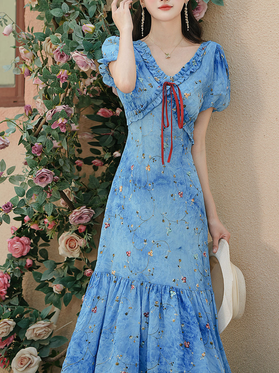 Blue Starry Night Sky Tie Dye V Neck Puff Sleeve Vintage Dress