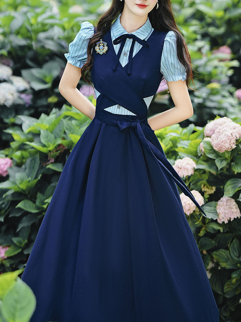 Vintage Navy Two-Piece Fake Layered Shirt Dress