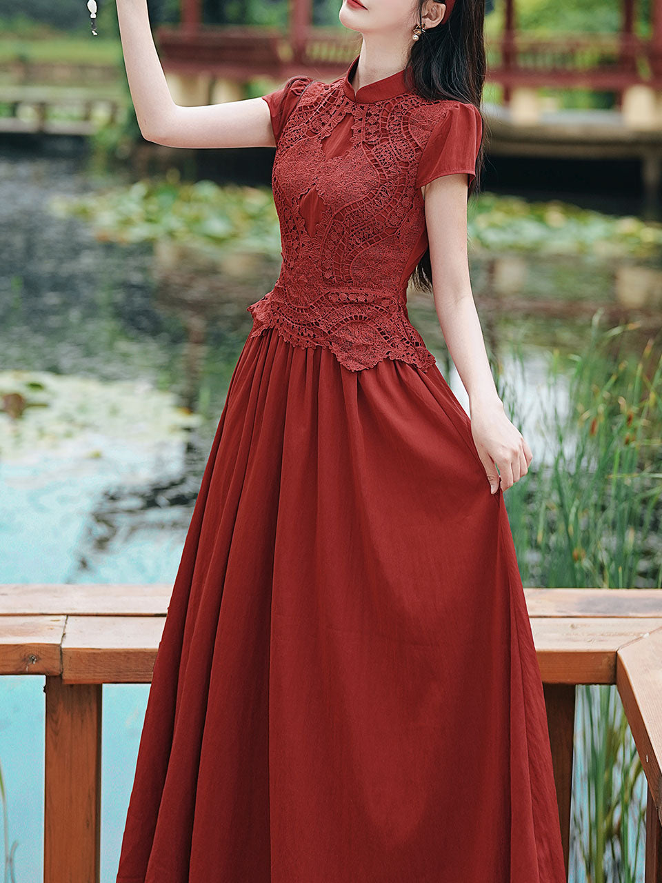 Red Cheongsam Cap Sleeve Lace Vintage Dress