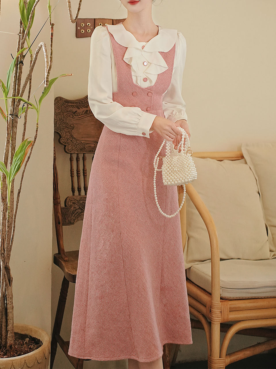 Pink Tweed Fake Two-Piece Dress