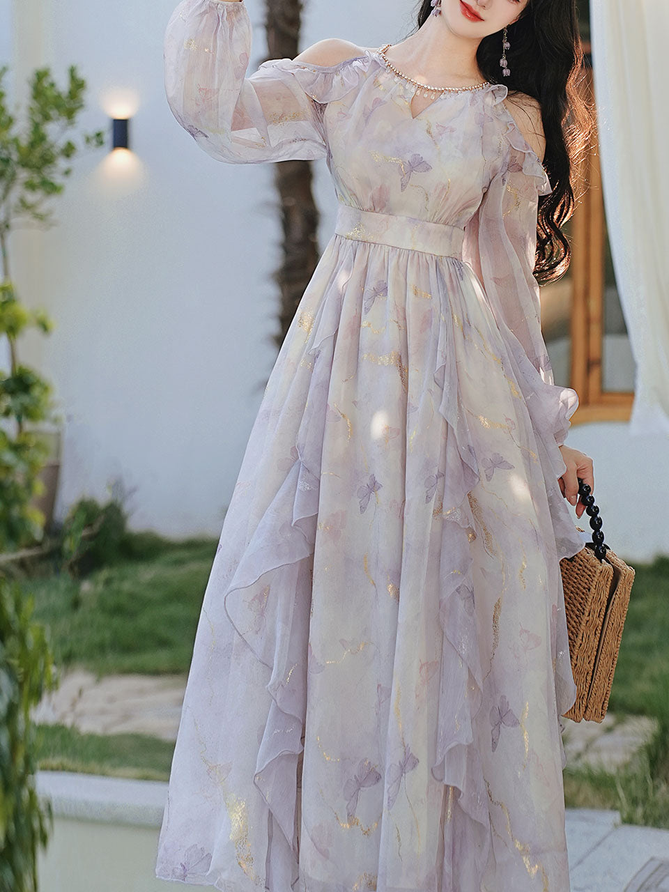 Vintage 1970s Floral Print Lavender Chiffon Ruffled Off-Shoulder Long Sleeve Maxi Dress