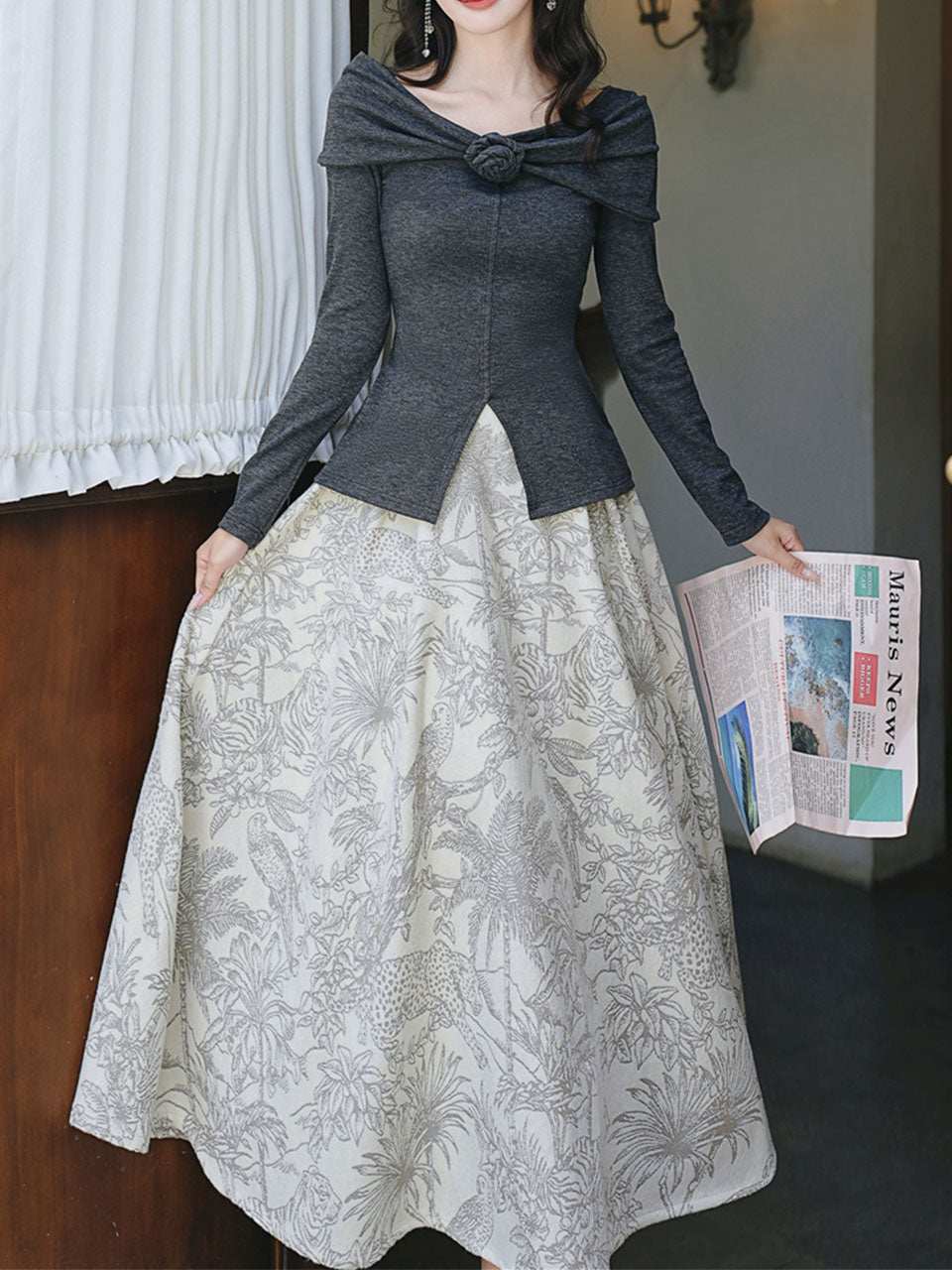 Gray Off Shoulder Slit Knit Top and Floral Jacquard Maxi Skirt Set