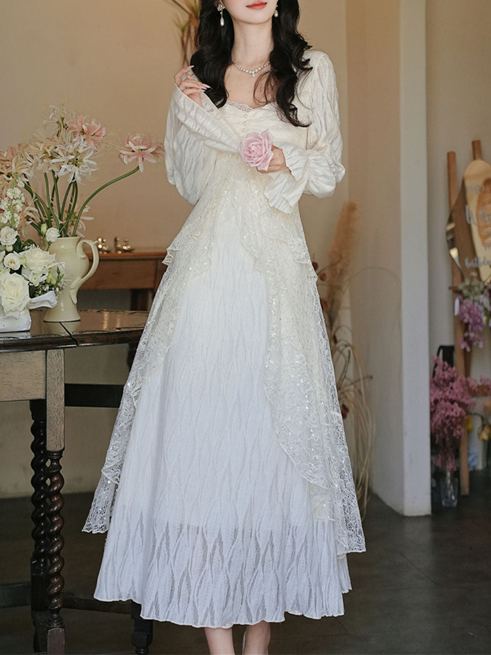 White Lace Ruffle Long Sleeve Sequined Vintage Dress
