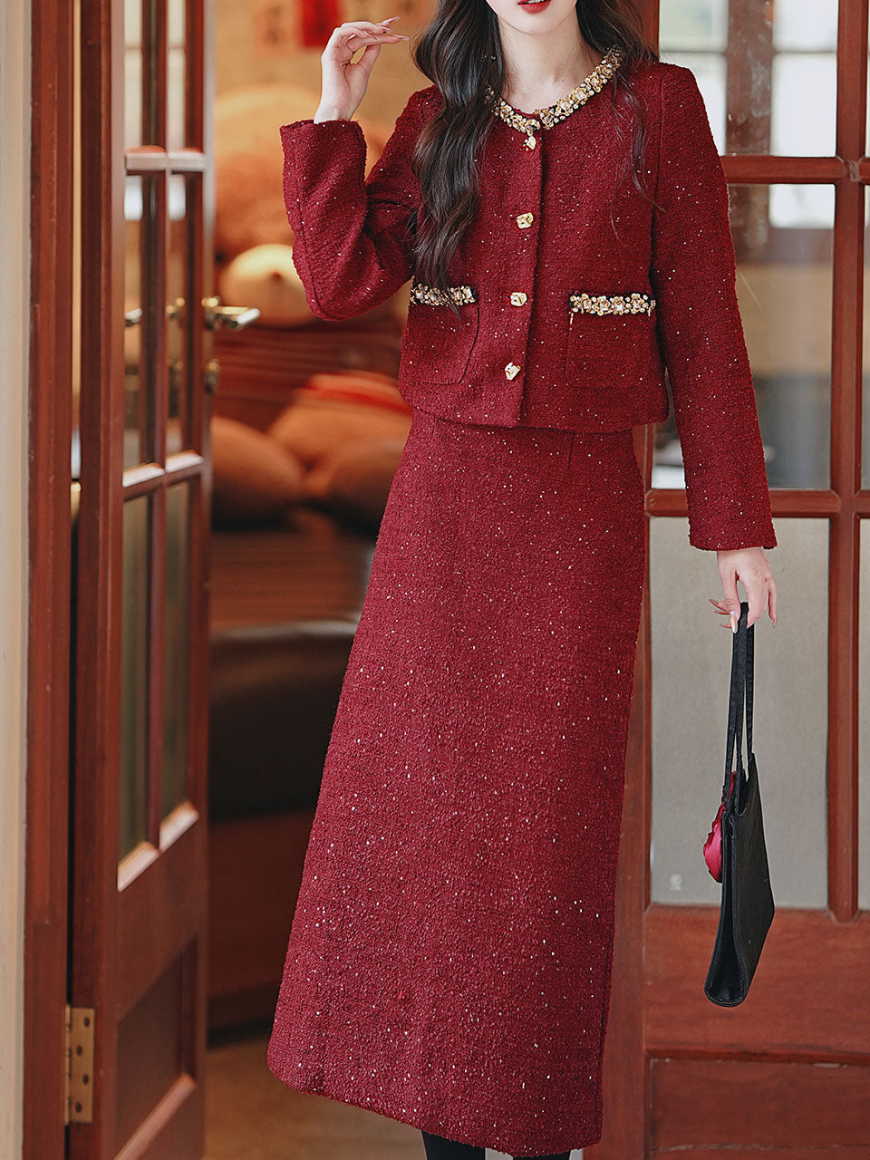2PS Red Luxurious Sequined Warm Tweed Coat