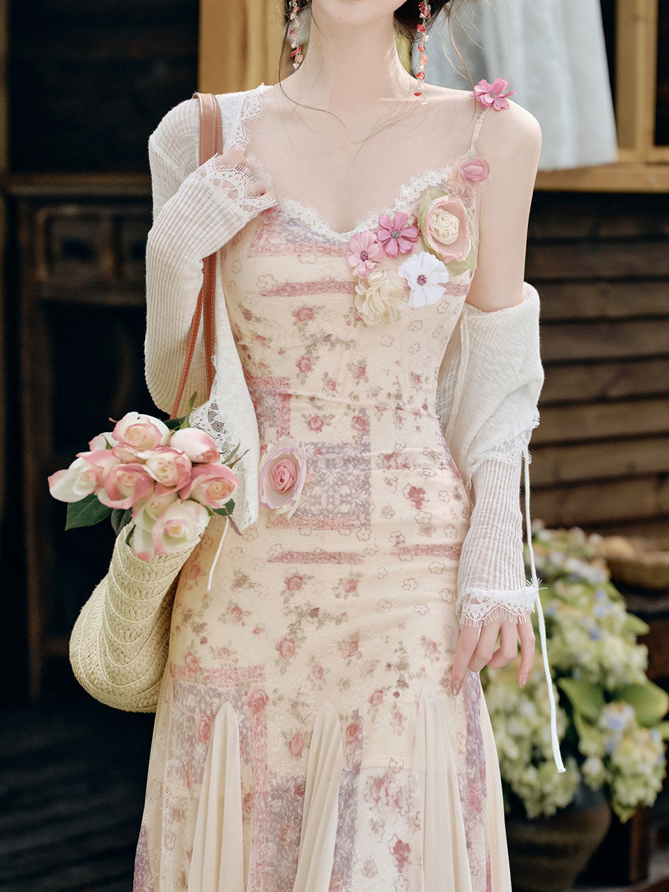 Pink Floral Print Spaghetti Strap Fishtail Flared Vintage Maxi Dress