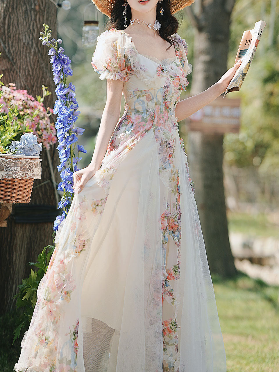 Printed Tulle Puff Sleeve Ruffled Hem Princess Party Dress for Girls Women