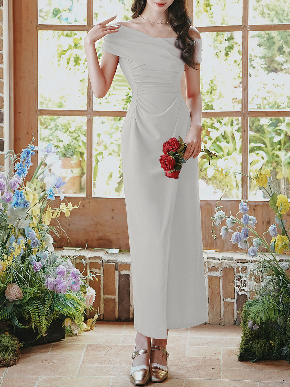 Red Off Shoulder Side Split Bodycon Dress