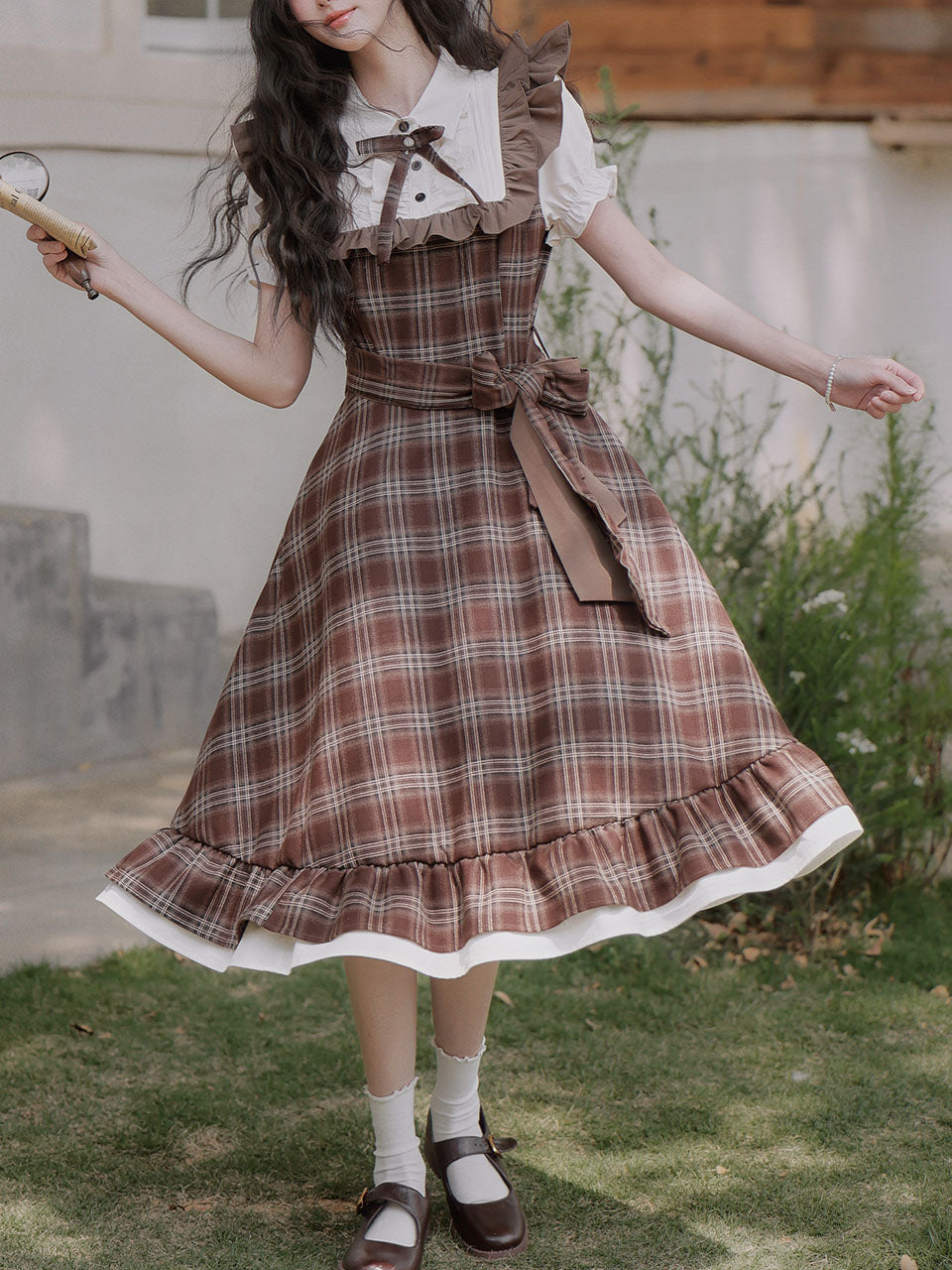 Brown Plaid Fake Two-Piece Short Sleeve Vintage Dress