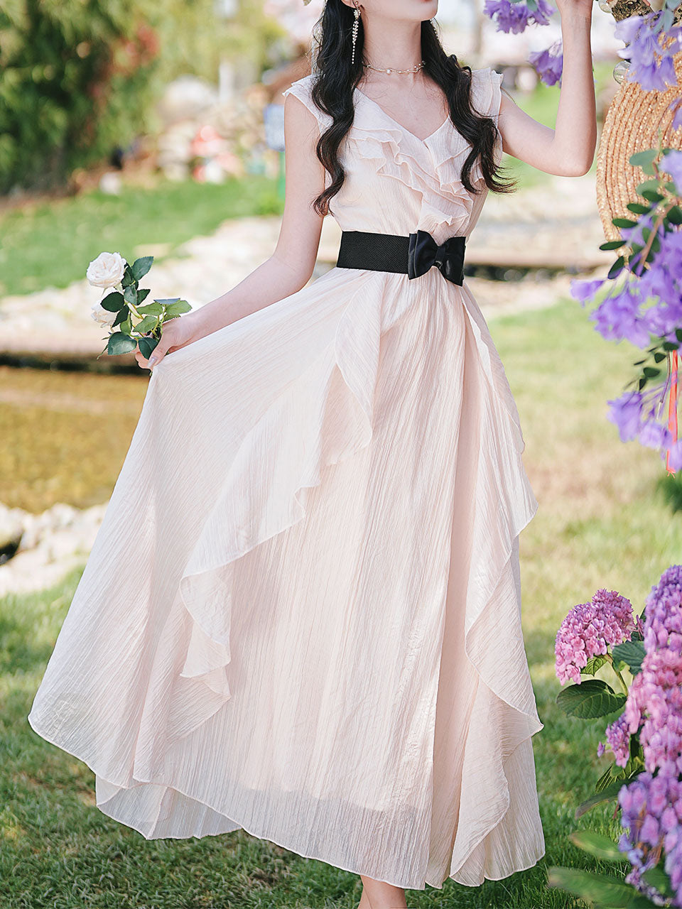 Pink Flowy Ruffle V-Neck Dress