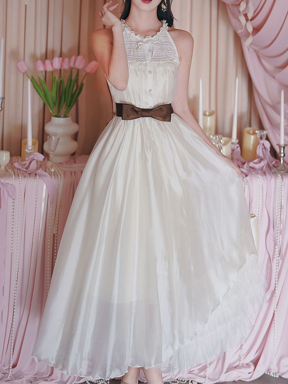 1950s Vintage White Lace Organza Maxi Dress for Women