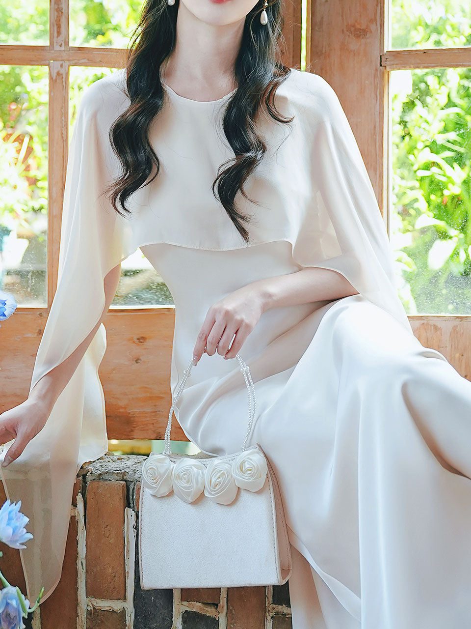 Flowing Chiffon Cape Satin Maxi Dress for Wedding