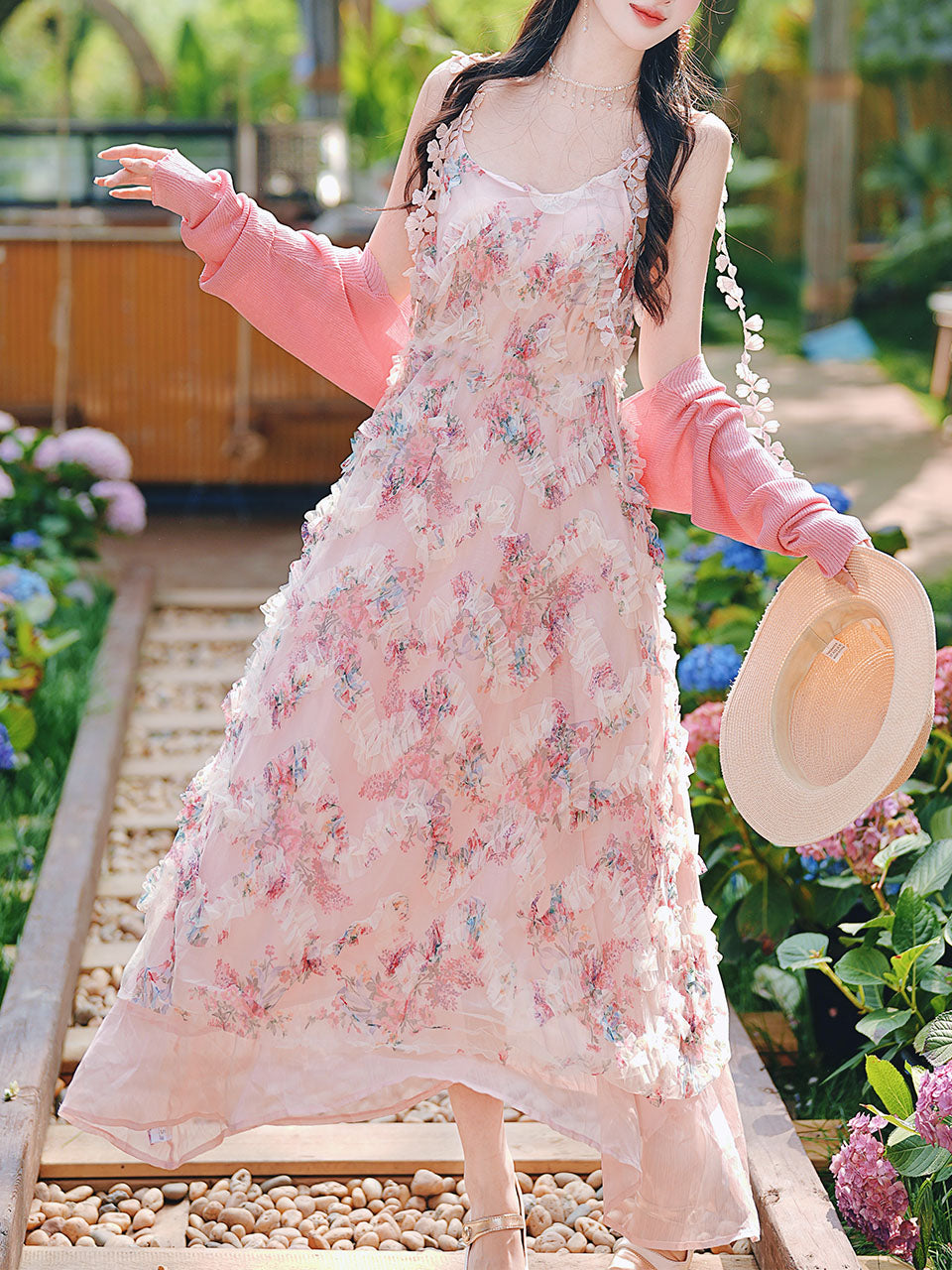 2PS Pink Ruffles Floral Printed Spaghetti Strap Vintage Dress