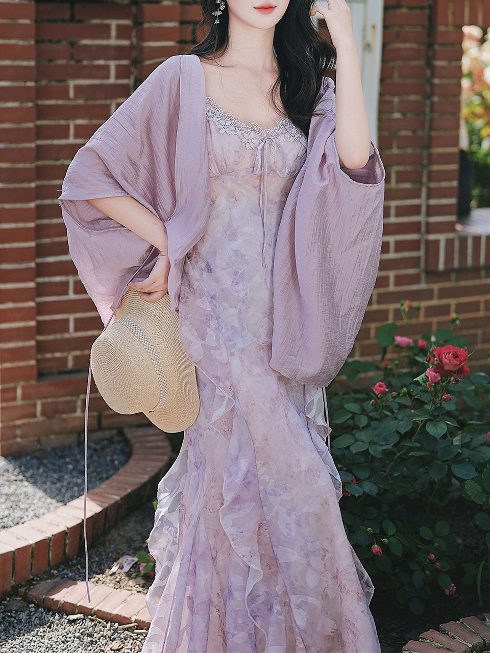 2PS Purple Ruffles Floral Printed Spaghetti Strap Vintage Dress
