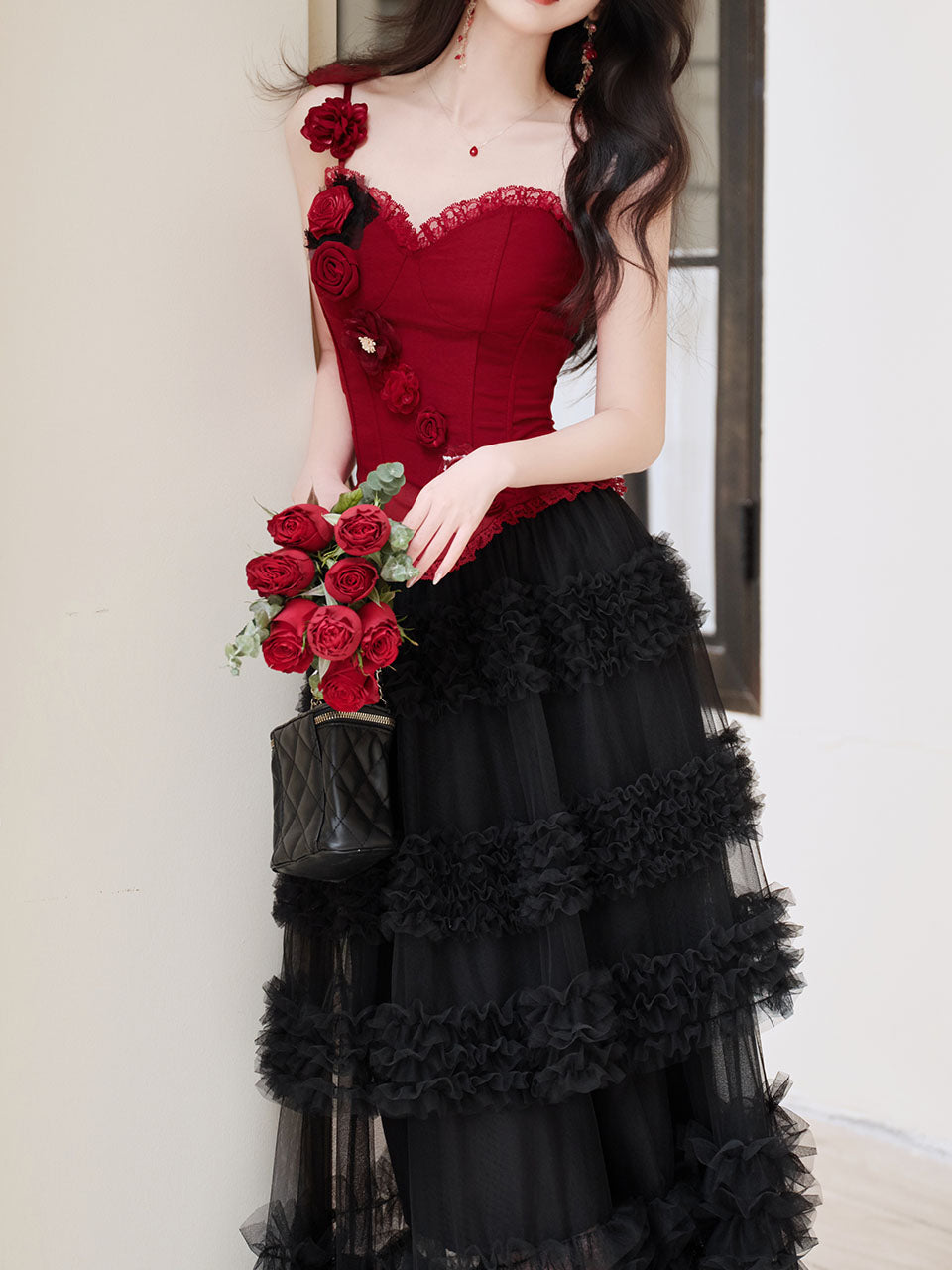 Gothic Red Corset Tiered Tulle Maxi Dress  Rose Asymmetric Ruffle Dark Romantic Party Gown