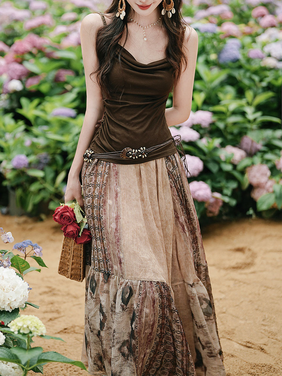Vintage Boho Patchwork Maxi Skirt - Flowy A-Line Tiered Long Skirt for Women